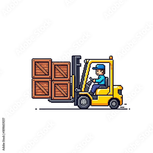 Forklift operator moves wooden crates in a warehouse.