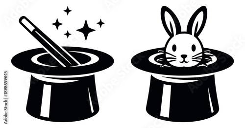 Clean graphic magic set featuring a top hat with a magic wand and a rabbit for entertainment
