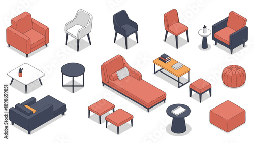Modern living room furniture set features a chaise lounge, various armchairs, ottomans, coffee tables, and small decorative accessories.