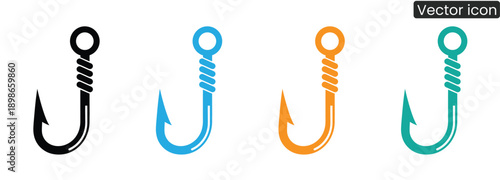 Vibrant fishing hook icons in four colors for commercial use