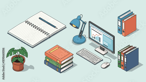 Workspace desk scene shows a laptop computer, keyboard, mouse, table lamp, books, and a plant on a clean and simple background.