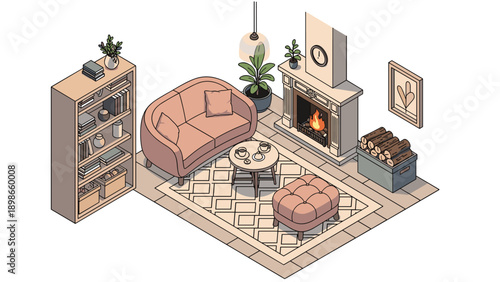 Cozy living room interior features a soft pink sofa with pillows, a fireplace with burning logs, a rug, and a tall wooden bookshelf.