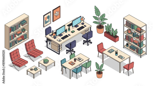 Modern shared office workspace features multiple desks with computers, colorful chairs, various tables, bookshelves, and indoor plants.