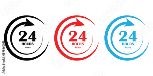 24 hours vector icon set. 24 hours service icon set. 24 hour assistance icons. Vector Illustration. EPS 10