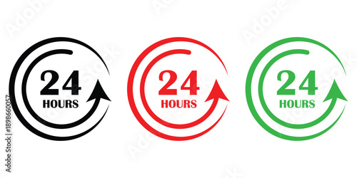24 hours vector icon set. 24 hours service icon set. 24 hour assistance icons. Vector Illustration. EPS 10