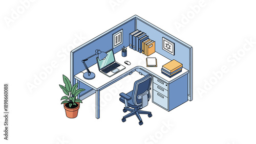 Simple office cubicle features a clean L-shaped desk with a laptop, lamp, file folders, bookshelf, and a potted plant in a blue-themed space.