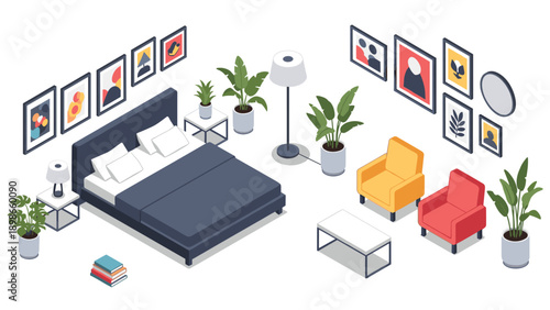 Modern bedroom design includes a bed with blue linens, two yellow and red armchairs, a coffee table, and walls decorated with framed art pieces.