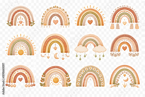 Huge Boho Rainbow Watercolor Clipart Collection - 12 Cute Neutral Nursery Designs with Hearts, Sun, Moon, and Earth Tones for Baby Shower Invitations and Kids Decor