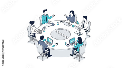 Professional group of six diverse business people is gathered around a large round white table for a collaborative and productive meeting.