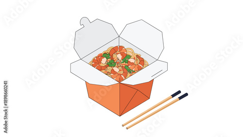 Isometric takeout box is filled with steaming shrimp noodles and vegetables accompanied by a pair of wooden chopsticks.