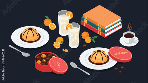 Sophisticated still life on a dark table features delicious desserts, citrus fruits, glasses of juice, coffee, and boxes of chocolates.