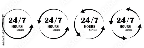 A simple black and white icon representing twenty-four hour service and continuous time icon eps 10