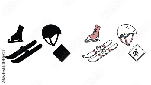 A colorful illustration of winter sports equipment and safety gear