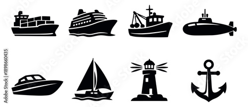 Silhouette marine icon set featuring ships, boats, a lighthouse, and an anchor for maritime travel