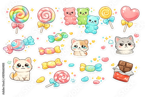 Cute Kawaii Candy and Animal Sticker Set: Watercolor Clip Art Bundle featuring Adorable Kittens, Gummy Bears, Colorful Lollipops, and Sweet Treats for Scrapbooking and Kids' Designs