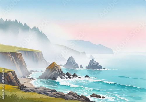 Ethereal Misty Coastal Cliffside Watercolor Painting