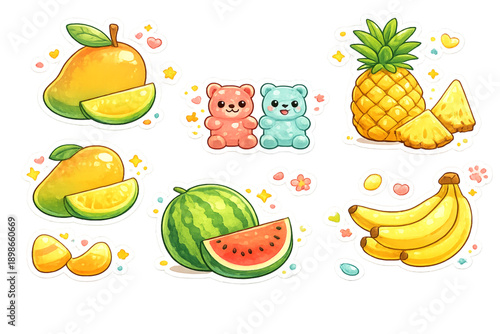 Cheerful Summer Sticker Collection: Adorable Kawaii Tropical Fruits (Mango, Pineapple, Watermelon, Banana) and Cute Gummy Bears in Bright Watercolor Style.