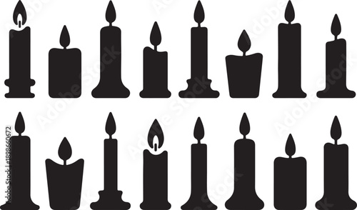 Collection of black silhouette candles with flames