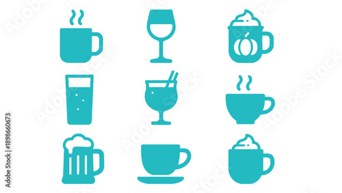 A collection of various beverage icons in teal color on white background