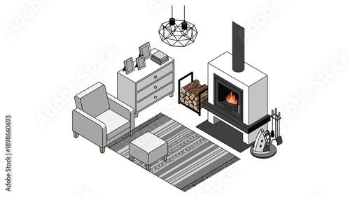 Simple greyscale isometric living room illustration with pops of orange in the fireplace flames and some books for a modern interior design.