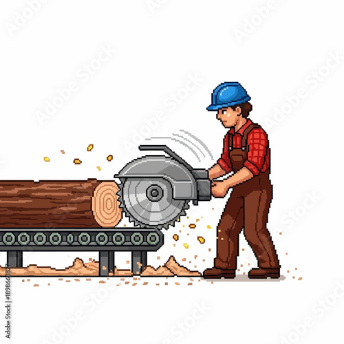 Man in hard hat cuts log with circular saw on conveyor.