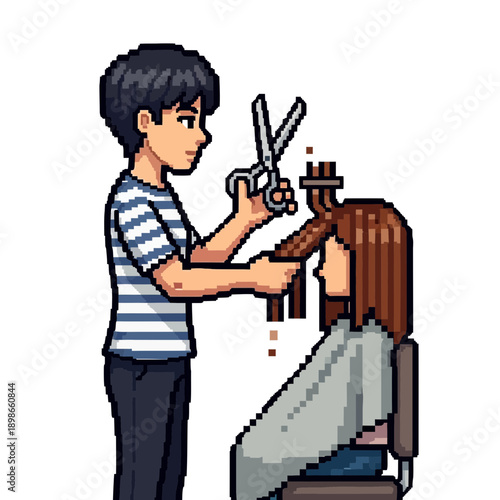 Barber cuts woman's hair with scissors, hair falling.