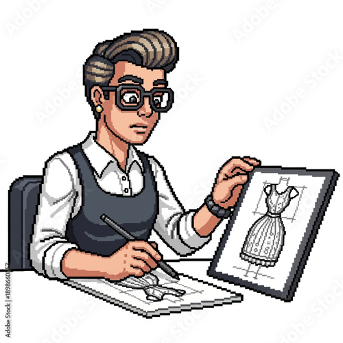 Man drawing a dress design with pencil and paper.
