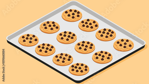 Baking tray filled with freshly baked chocolate chip cookies arranged in neat rows on a light orange background for a sweet food concept.