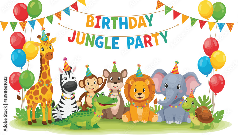 Naklejka premium Jungle Safari Birthday Party Invitation Template Featuring Cute Cartoon Animals with Party Hats Balloons Bunting and Colorful Wild Life Characters
