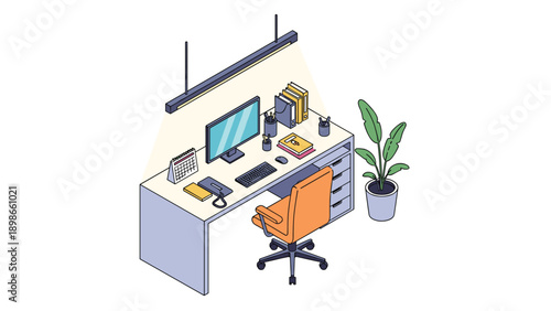 Minimalist workspace in isometric view with a large white desk, computer, task lamp, storage drawers, and a tall potted plant for a study.