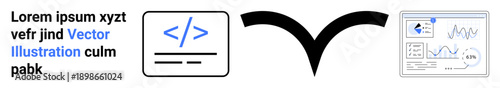 Software development, data visualization, coding process, analytics, tech transition, workflow. Code snippet icon, arrow and analytical dashboard interface. Software development and data