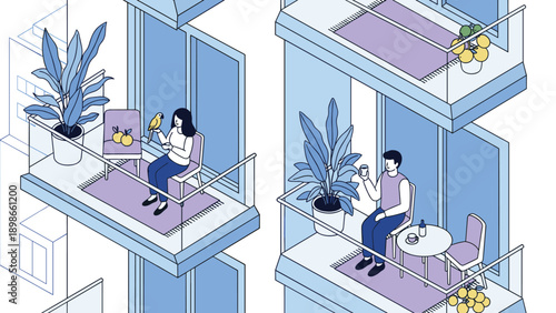 Close-up isometric view of apartment balconies where people are relaxing, drinking coffee, and caring for green plants in a city setting.
