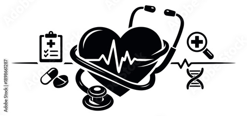 Graphic medical icon set featuring a heart with an ECG and stethoscope, plus various health symbols for healthcare concepts