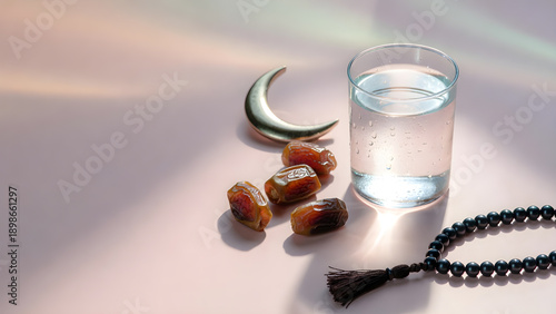 Ramadan essentials with dates, water, and prayer beads on white background