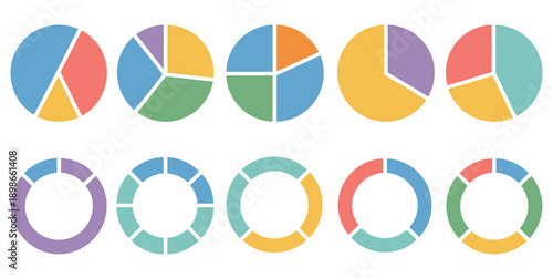 Circle division infographic icon set, showcasing round pie and donut charts with segmented wheel fractions as isolated vector illustrations on white background.