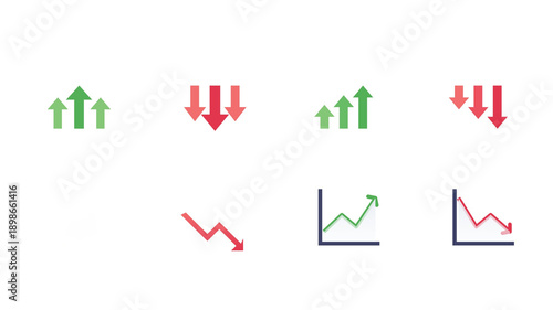 Financial graph icons with arrows, up and down trend indicators, for website or presentation, isolated on transparent background, png