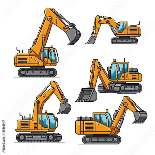 Five yellow excavators with different arm and bucket positions.