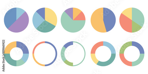 Circle division infographic icon set, featuring pie charts divided into 3, 4, 5, and 6 equal parts with colorful donut ring diagrams.
