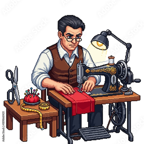 Man sewing fabric on a vintage sewing machine with tools.