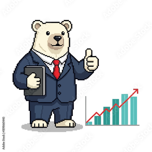 Business bear in suit gives thumbs up next to growth chart.