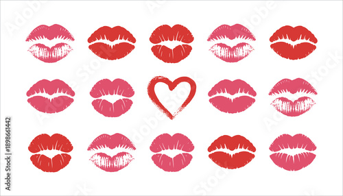 Various Red and Pink Lipstick Kisses and Heart Shape on White Background