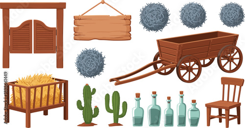Wild West Farm and Ranch Illustration Set with Wooden Wagon, Saloon Doors, Hay Bale, Cactus, Bottles, and Rustic Props