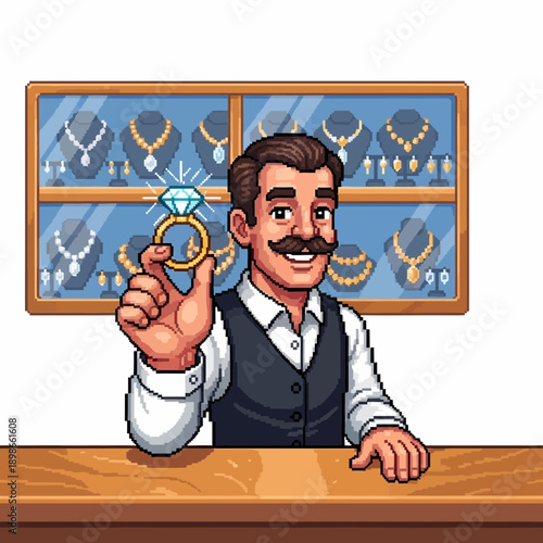 Man holding a diamond ring in a jewelry store.