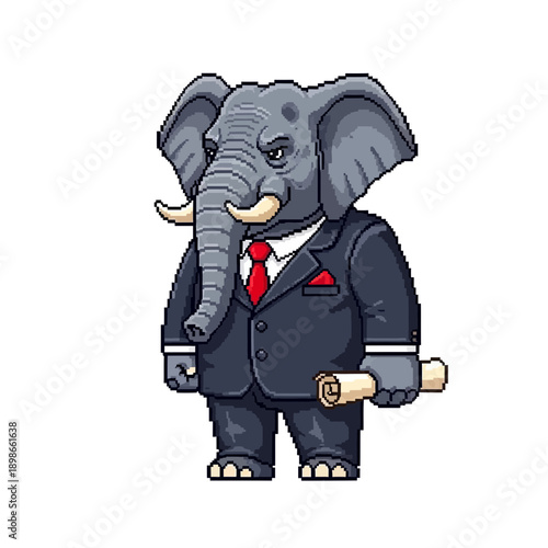 Cartoon elephant in a suit holding a scroll.