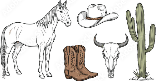 Wild West Hand Drawn Illustration Set with Horse, Cowboy Hat, Western Boots, Bull Skull, and Desert Cactus Icons