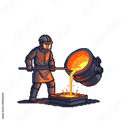 Worker pours molten metal from a crucible into a mold.