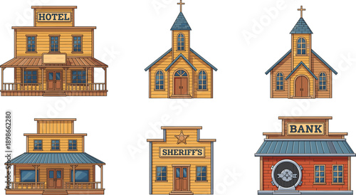 Wild West Town Building Illustration Set with Hotel, Church, Sheriff Office, Bank, and Classic Western Architecture Designs
