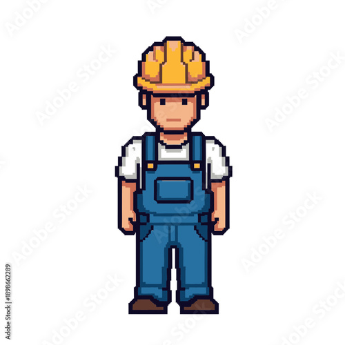 Pixel art construction worker in hard hat and overalls.