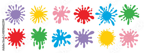 Colorful splatters different shapes. Bright stains and splashes. Ink blots collection clipart elements.