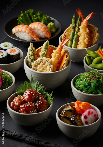 Elegant macro photography of Japanese cuisine, vegetable maki, shrimp sushi, tempura, teriyaki chicken, edamame, miso vegetables, dark cinematic editorial